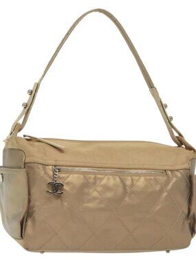 CHANEL Paris Biarritz Shoulder Bag Coated Canvas Beige Silver CC Auth bs29354